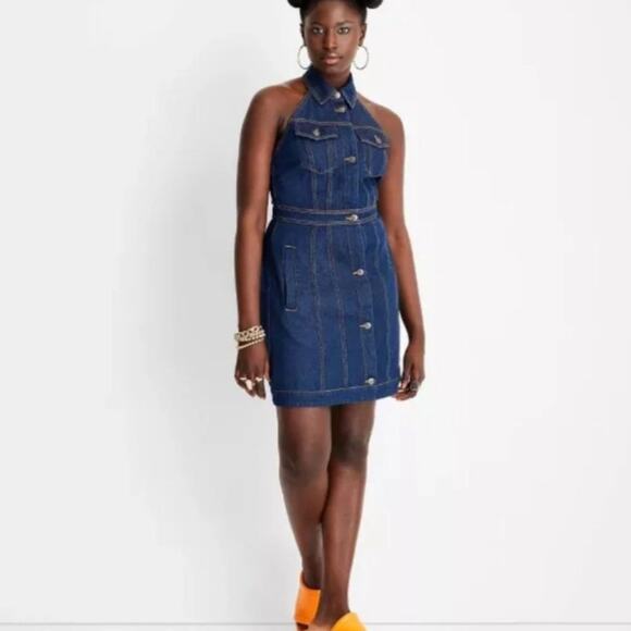 NEW Future Collective Women's Backless Collared Denim Mini Dress - Blue Size 2 - Picture 1 of 9